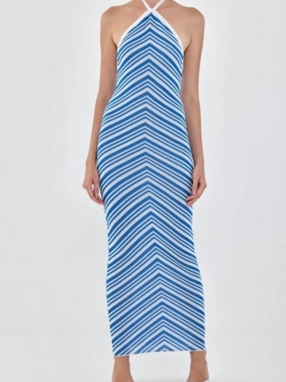 New DÉ ROCOCO Blue Chevron Maxi Halter Dress S